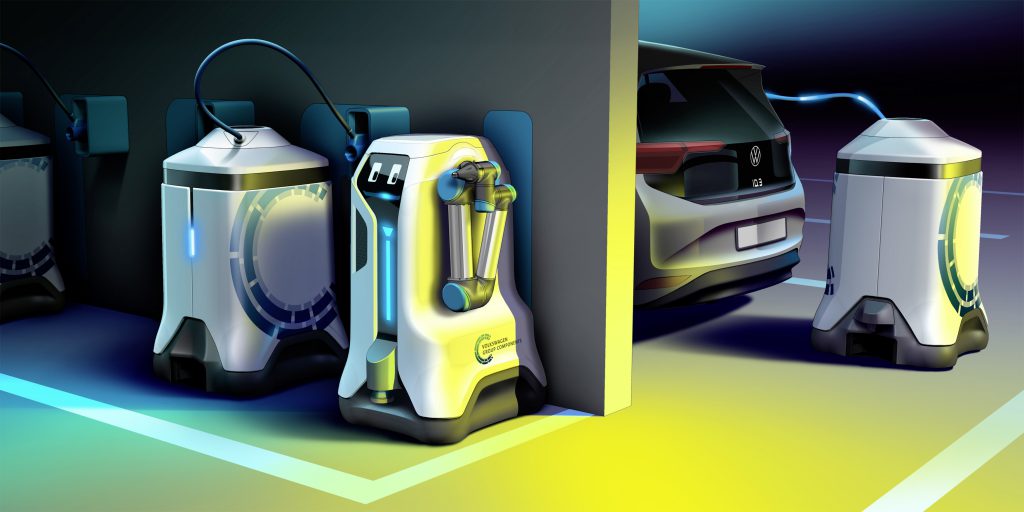 Compact and autonomous: Volkswagen Group Components’ mobile charging robot.